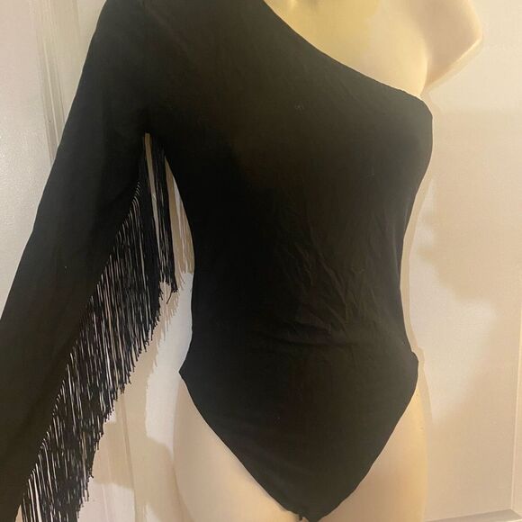 Black One-Shoulder Fringe Bodysuit Sz XS/Small - Picture 3 of 7